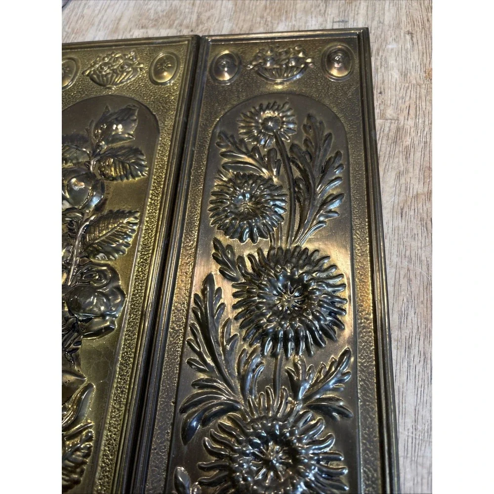 2 - Vtg MCM Brass Tin Gold Repousse Embossed Floral Wall Plaques England